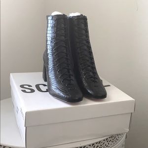 Schutz New Kika Embossed-Croc Leather Booties